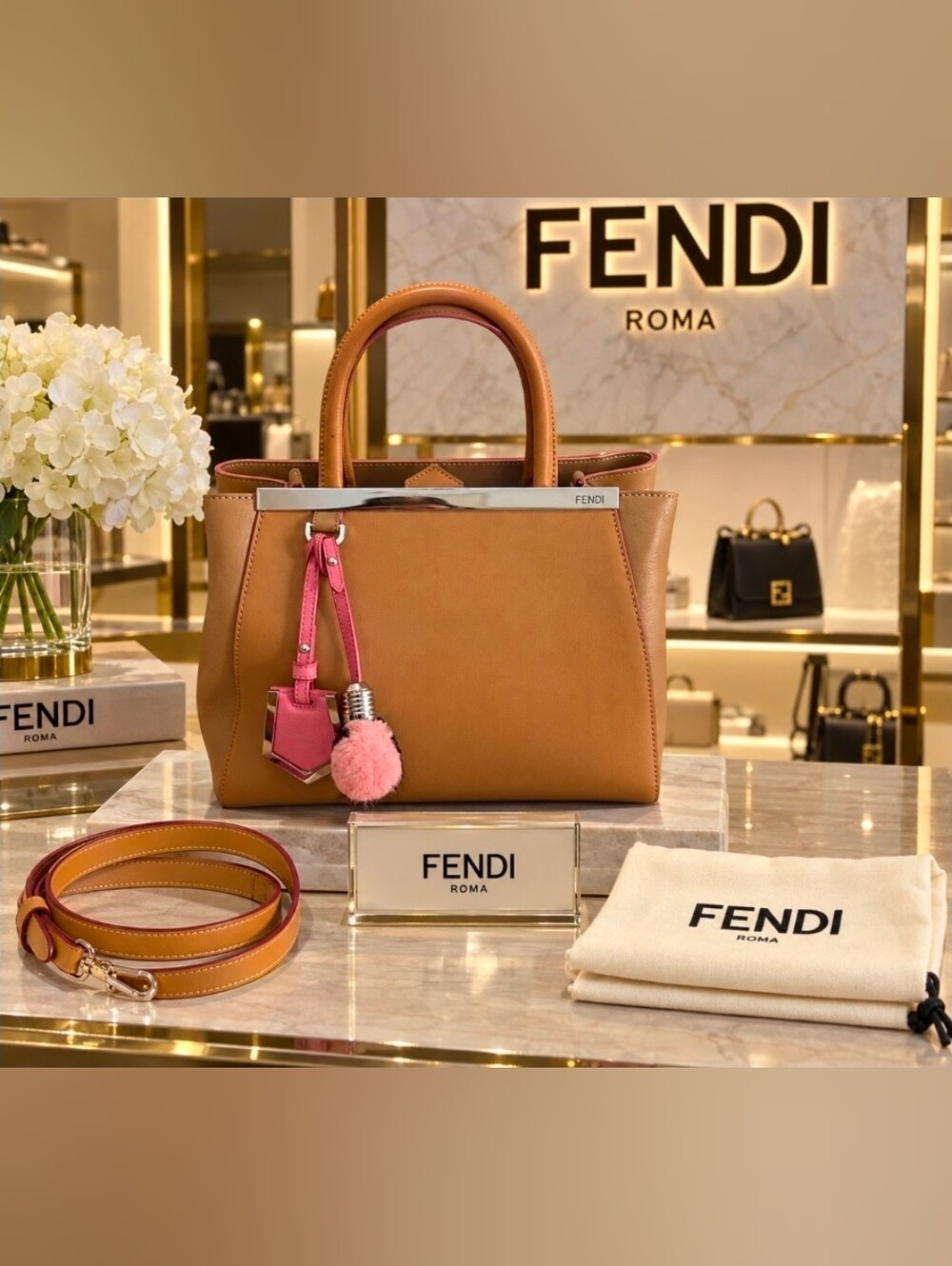 Fendi Tan 2Jours Petite Leather Bag w/Pink Charm & unbranded leather strap - Picture 1 of 14